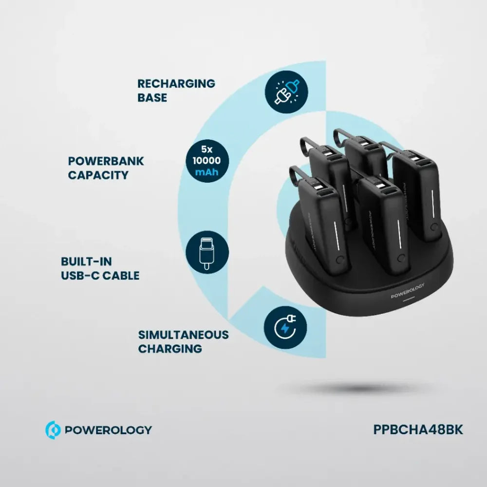 Powerology 5in1 Station 10000mAh PD 50W QC Power Bank - Black